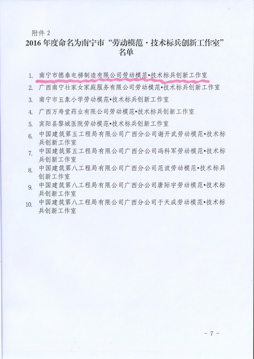 我公司立异事情室被评为“2016年度南宁市劳动模范·手艺尖兵立异事情室” - 新闻中心 - 接待会见豪门国际官网网站！